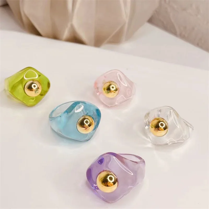 

Fashion Colorful Resin Acrylic Alloy Bead Transparent Geometric Rhombus Square Finger Rings For Women Party Friend Jewelry Gifts