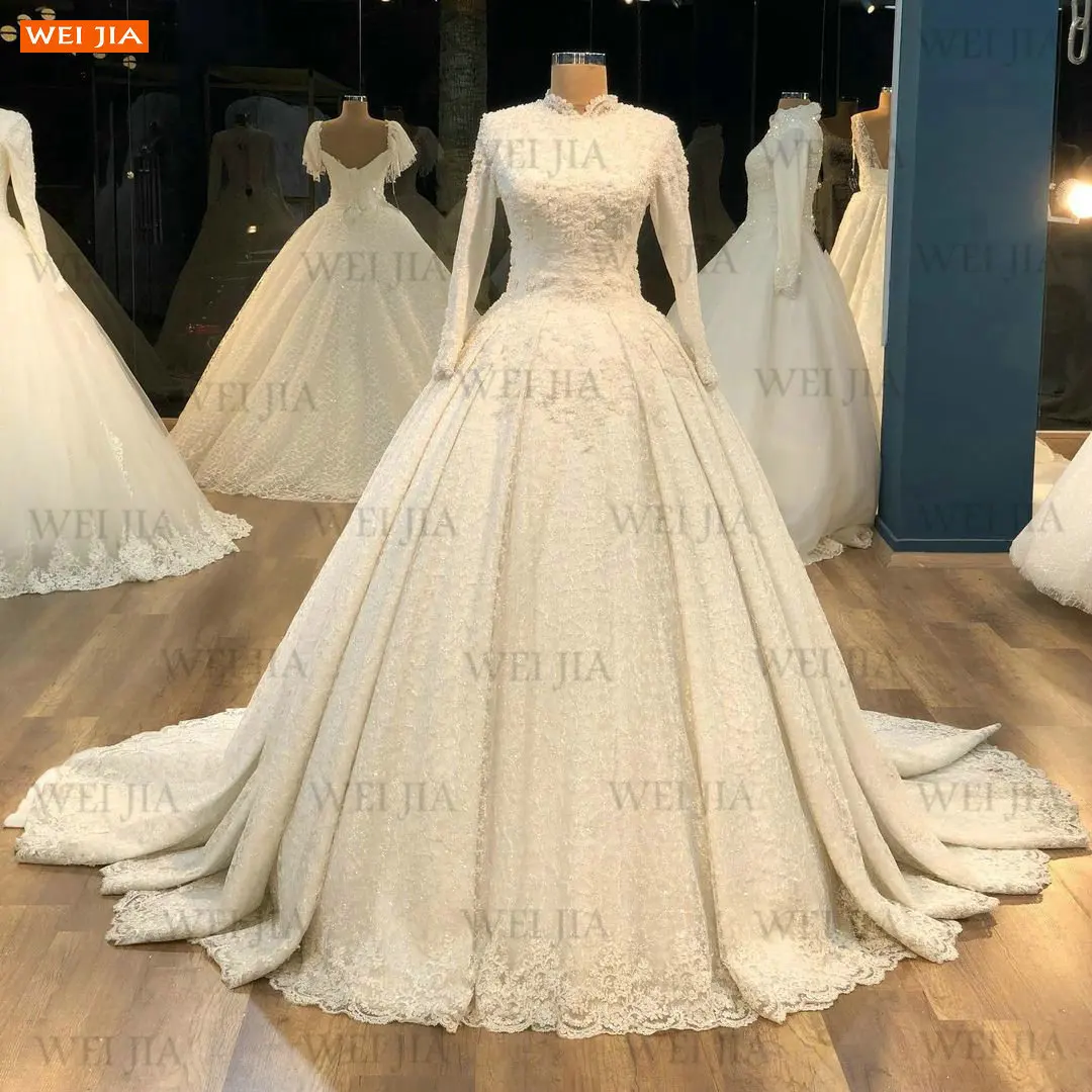 

Arabic Lace Wedding Dresses High Neck 2021 Suknia Slubna Long Sleeves Appliques Bridal Dress Ball Gown Beading Vestidos De Noiva