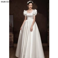kaunissina pearls square collar satin wedding dress a line puff sleeves floor length bride gowns white robe de marriage dresses