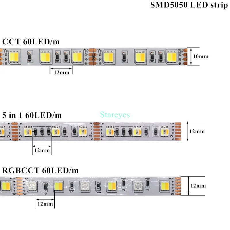 100 шт. SMD5050 DC12V DC24V 60 Светодиодный/м 5 м CCT RGBCCT в 1 светодиодный ленты двойной белый 2