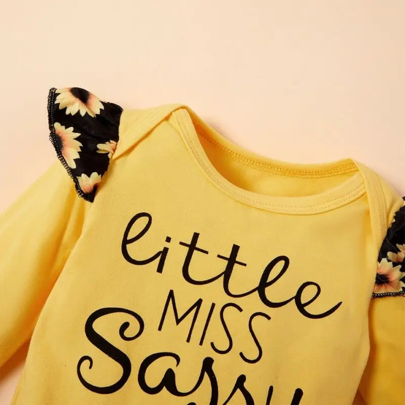 Одежда для маленьких девочек боди в виде подсолнуха брюки повязка на голову 3 шт.