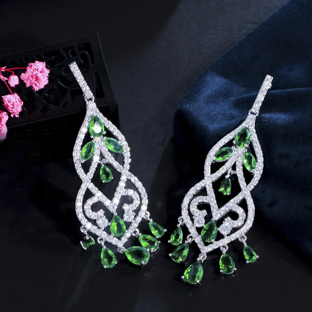 

ThreeGraces White Gold Color Shining Green CZ Crystal Hangging Long Tassel Drop Earring Women Wedding Banquet Prom Jewelry ER169