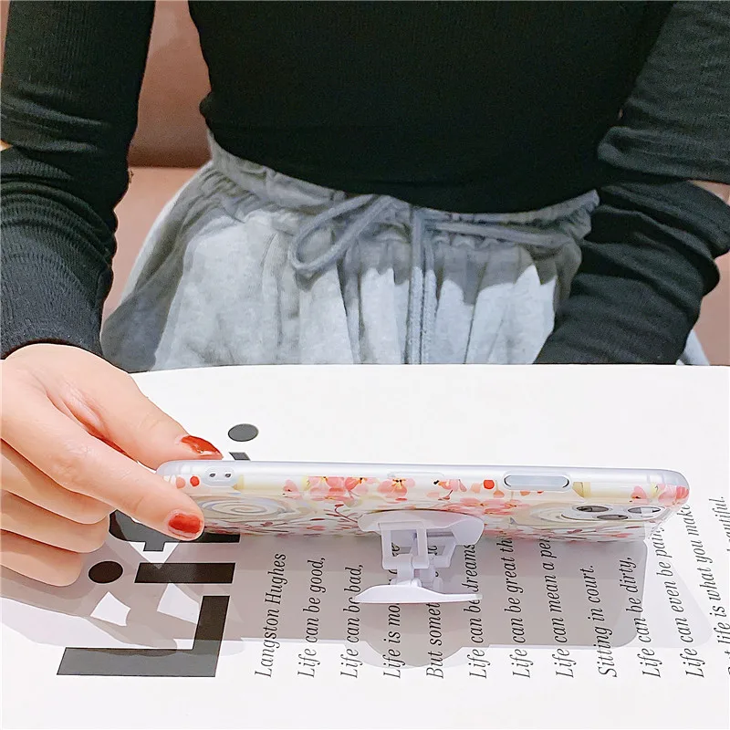 

Marble Flowers Fold Bracket Phone Case Anti-fall Protective Cover Soft Shell For iPhone 12 Mini 11 Pro XS Max SE 2 8 7 6 6s Plus