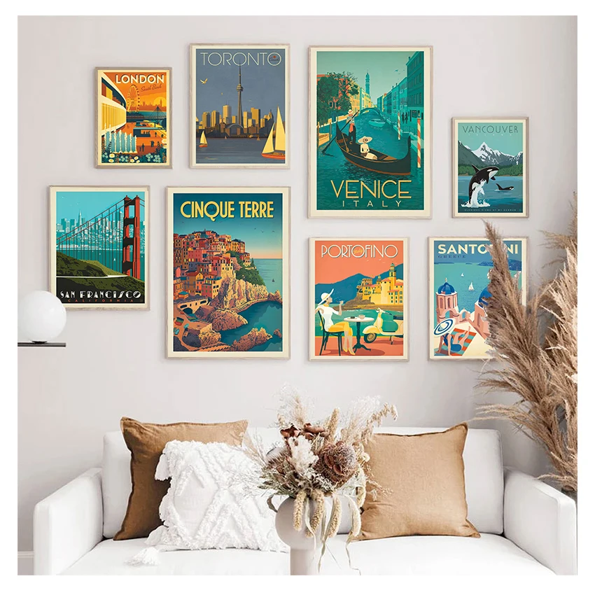 

London New York Venice Landscape Canvas Painting Wall Art Pictures For Living Room Decor Famous City Travel Poster Cartoon