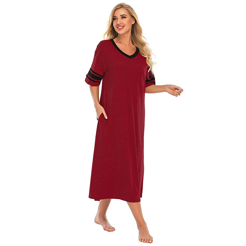 Sleepwear Women Spring and Summer New Comfortable V-neck Loose Contrast Short-sleeved Home Service Sexy Nightwear Sleep Tops