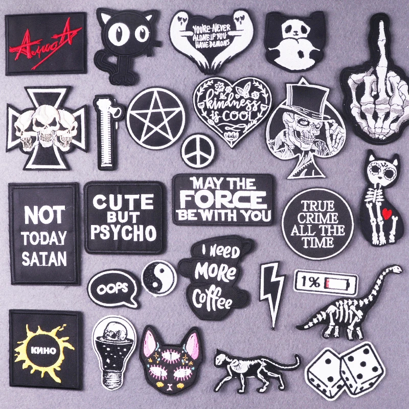 

Black And White Embroidered Patch Letters Patches For Clothing Stickers Punk Patches On Clothes DIY Badges On Backpack Appliques
