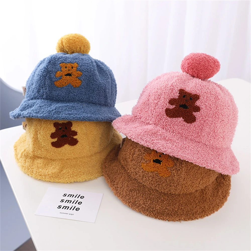 

Cartoon Bear Fisherman Hat Cute Baby Warm Sunshade Wool Ball Basin Hat for Children Boys Boys Sportmaster Scarves Newborn Male