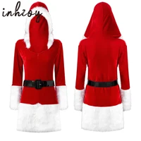 women velvet coat faux fur trimming flannel christmas santa claus costume outfits longsleeves hooded dress with belt