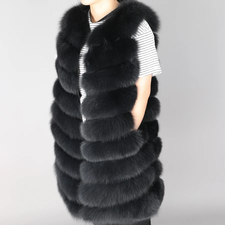 Bust 140cm Women Real Fox Fur Vest Long Fashion Luxury Coat Female Genuine Fur Jacket Warm Lady Gilet