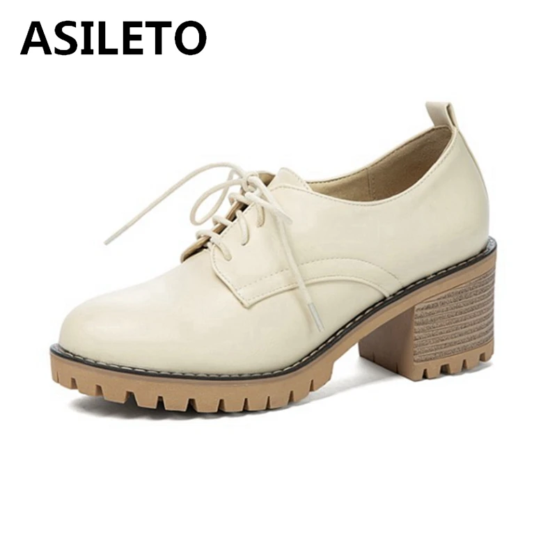 

ASILETO 2021 Ретро женские туфли-лодочки на платформе со шнуровкой в студенческом стиле с круглым носком 5 см на массивном каблуке размер 33-43 Черн...
