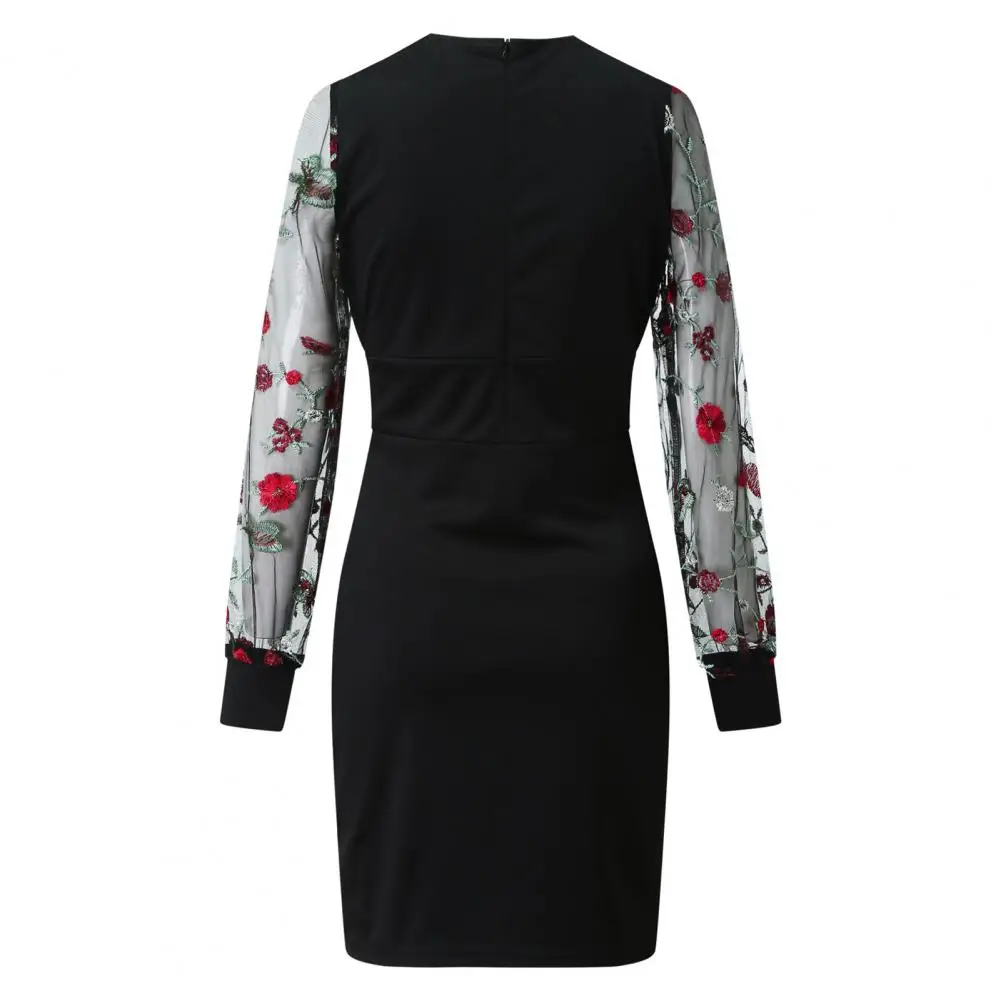 

Women Floral Embroidery Mesh V Neck Long Sleeve Bodycon Party Banquet Mini Dress