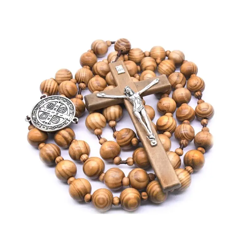 

Fashion Handmade Round Wood Bead Catholic Wall Rosary Cross Religious Necklace