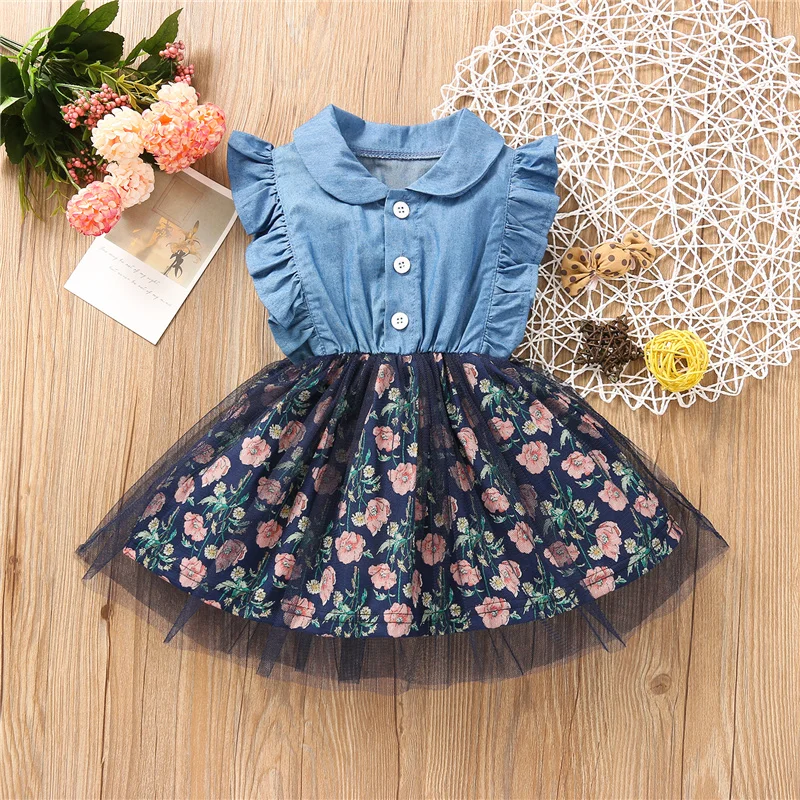 

Children Floral Print Denim Splicing Dress with Ruffles, Girls Sleeveless Lapel Neck High Waist Mesh Sundress