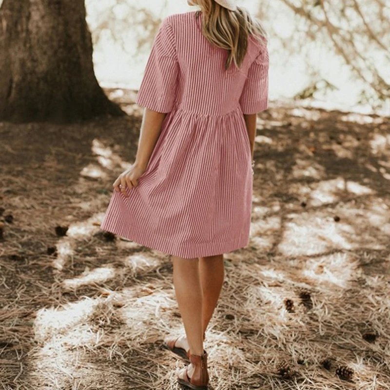 

Casual O Neck Shirt Dress Women Summer Half Sleeve Pocket Dress Female Striped Print A-line Loose Dress