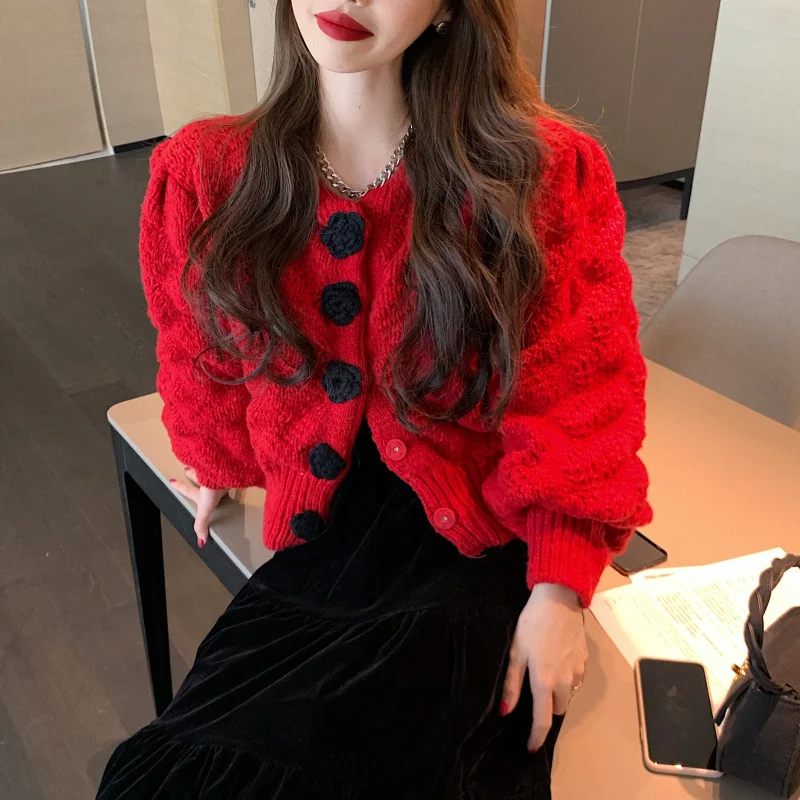 

Kimutomo Women Chic Fashion Short Cardigans Spring Autumn 2021 Korea Style Female O-neck Single Breasted Puff Sleeve Tops New