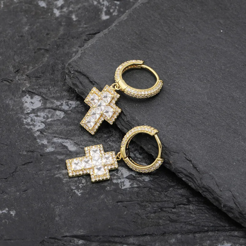 Хип-хоп квадратный AAA CZ инкрустированный камнями Bling Ice Out Cross серьги для мужчин и женщин CZ серьги мужские модные ювелирные изделия Прямая