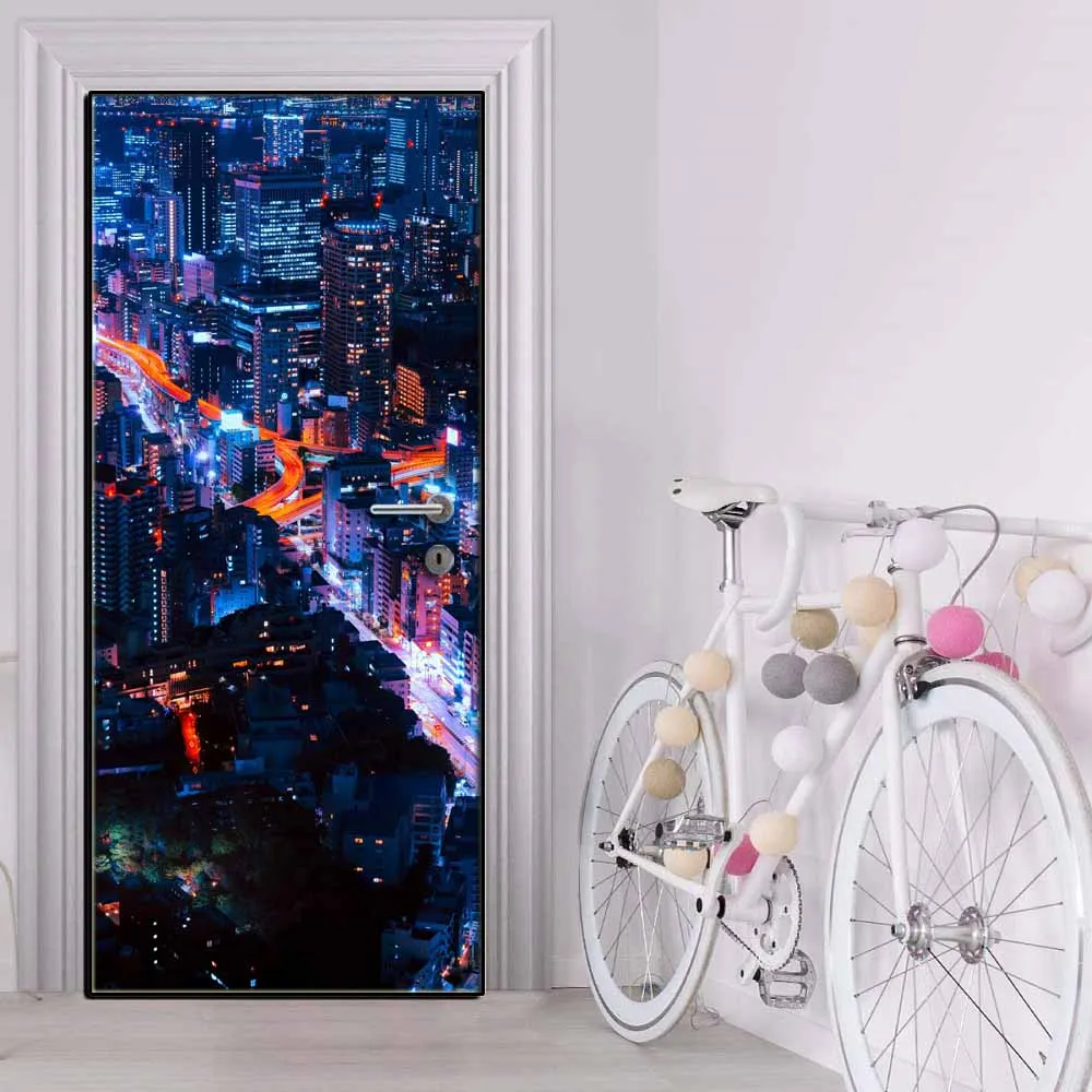 Креативная наклейка на дверь яркая городская ночь крышка двери Настенная