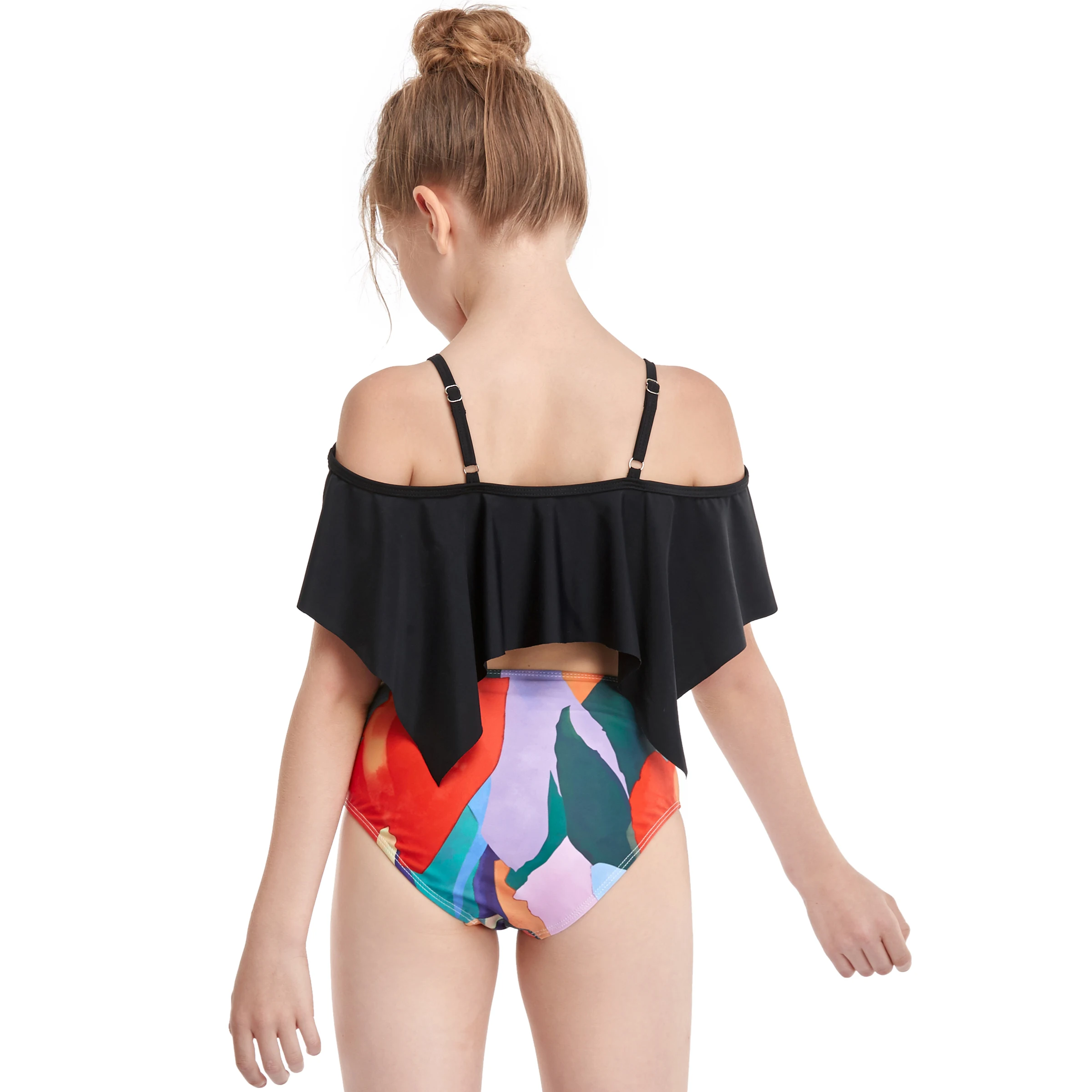 

2-14 Years Teenage Girls Swimsuit Kids Swimwear Off Shoulder Ruffled Bikini High Waist 2 Pieces Female Child Bathing Suit