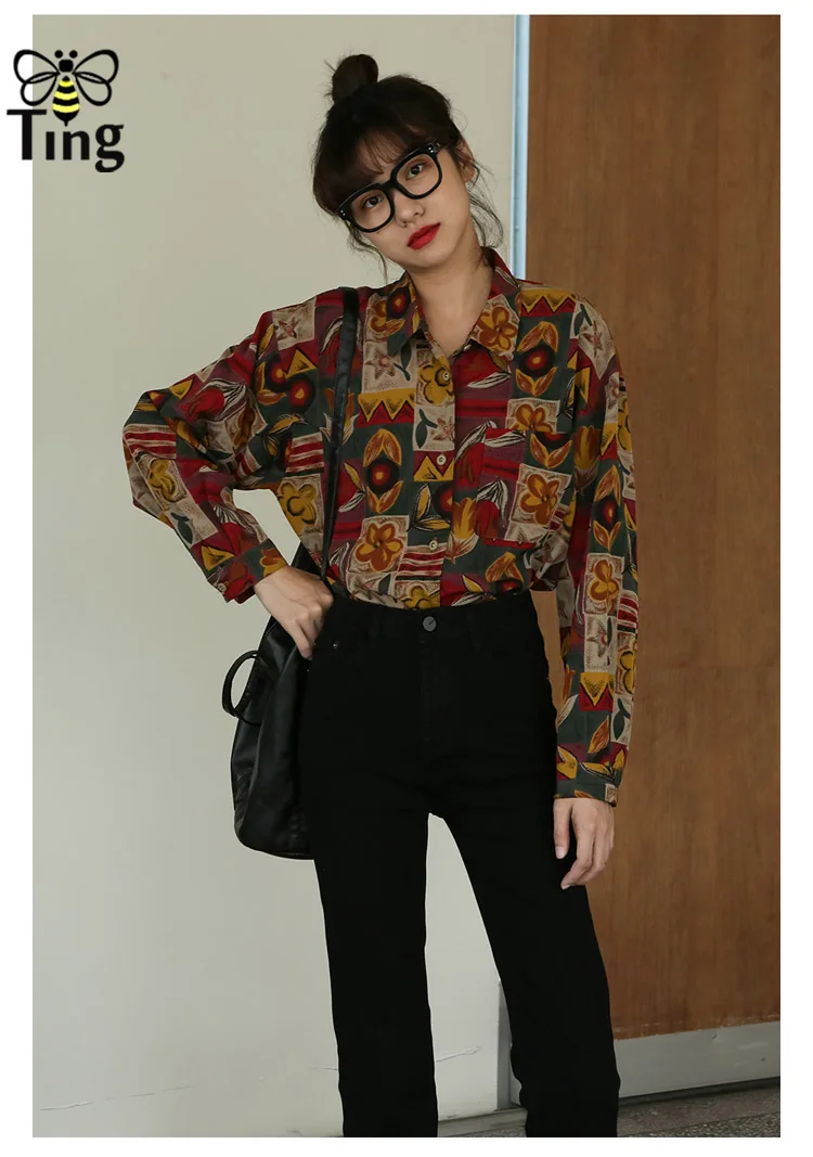 Tingfly дизайнерская винтажная с цветочным принтом Повседневная Блузка рубашки для