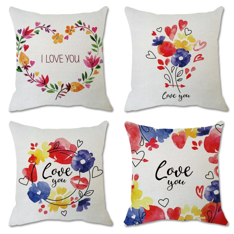 

ZWA 4 Linen Pillowcases With Love As A Set, Decorated Room, Living Room, Office, Car, Size 18*18in(45*/45cm)