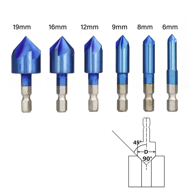 

6pcs 6-19mm Countersink Drill Bit 5 Flutes Hex Shank Blue Coated Chamfer Cutter Set Tool