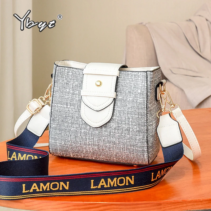 

YBYT fashion messenger bags for women high quality PU leather bucket bag mini handbags wide shoulder strap female crossbody bag