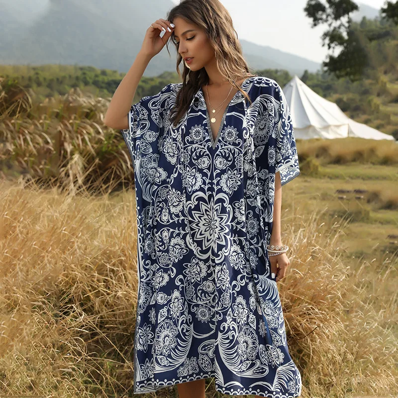 Кафтан с принтом для женщин винтажная туника коротким рукавом пляжа и отдыха