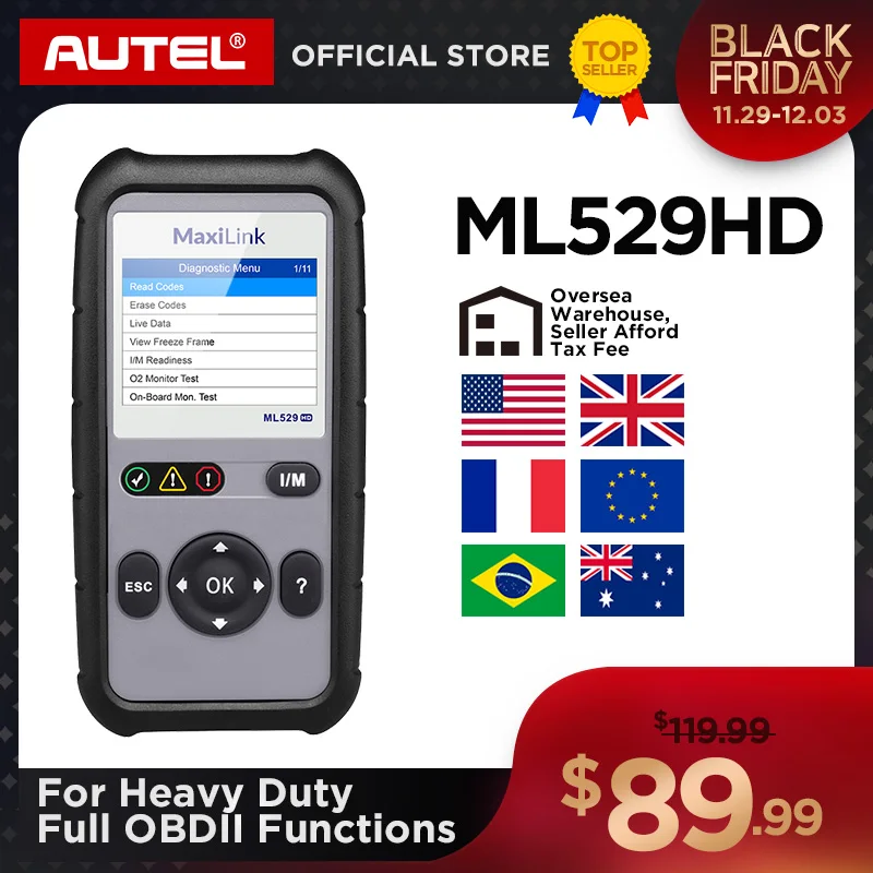 Autel MaxiLink ML529HD сканирующий Инструмент Расширенный режим 6 OBD2 автоматический считыватель кодов сверхмощный диагностический инструмент с использованием SAE-J1939 SAE-J1708