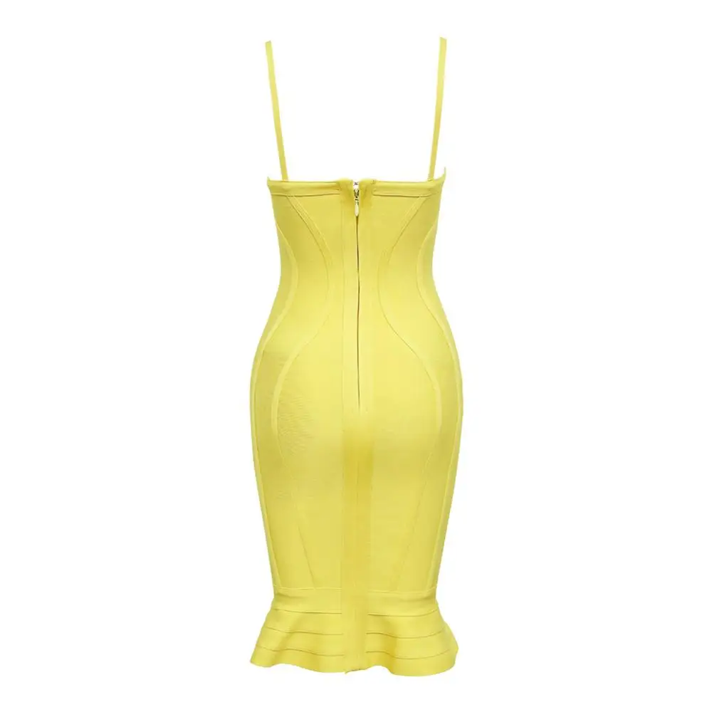 Женское вечернее платье русалка желтое облегающее с V образным вырезом лето