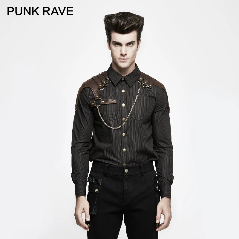 Панк рейв стимпанк Нежные мужские кофейные рубашки в Вертикальную Полоску осень