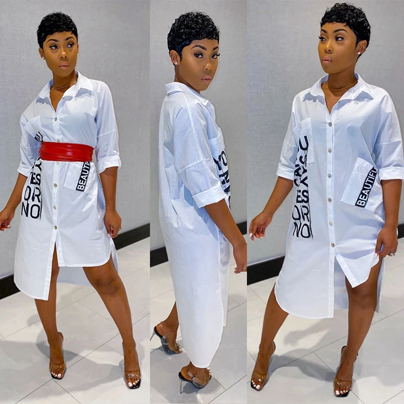 Женское длинное платье рубашка на пуговицах повседневное свободное белое