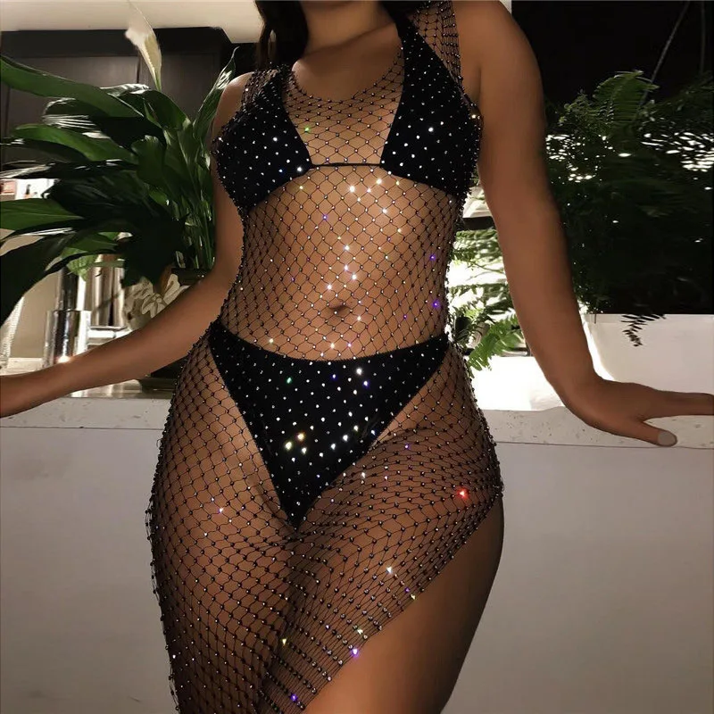 

Hot Summer Women Ladies Bikini Crystal Cover-Ups Fishnet Mesh Cover Up Swimwear Beach Bathing Suit Mesh Hollow Out Dresses