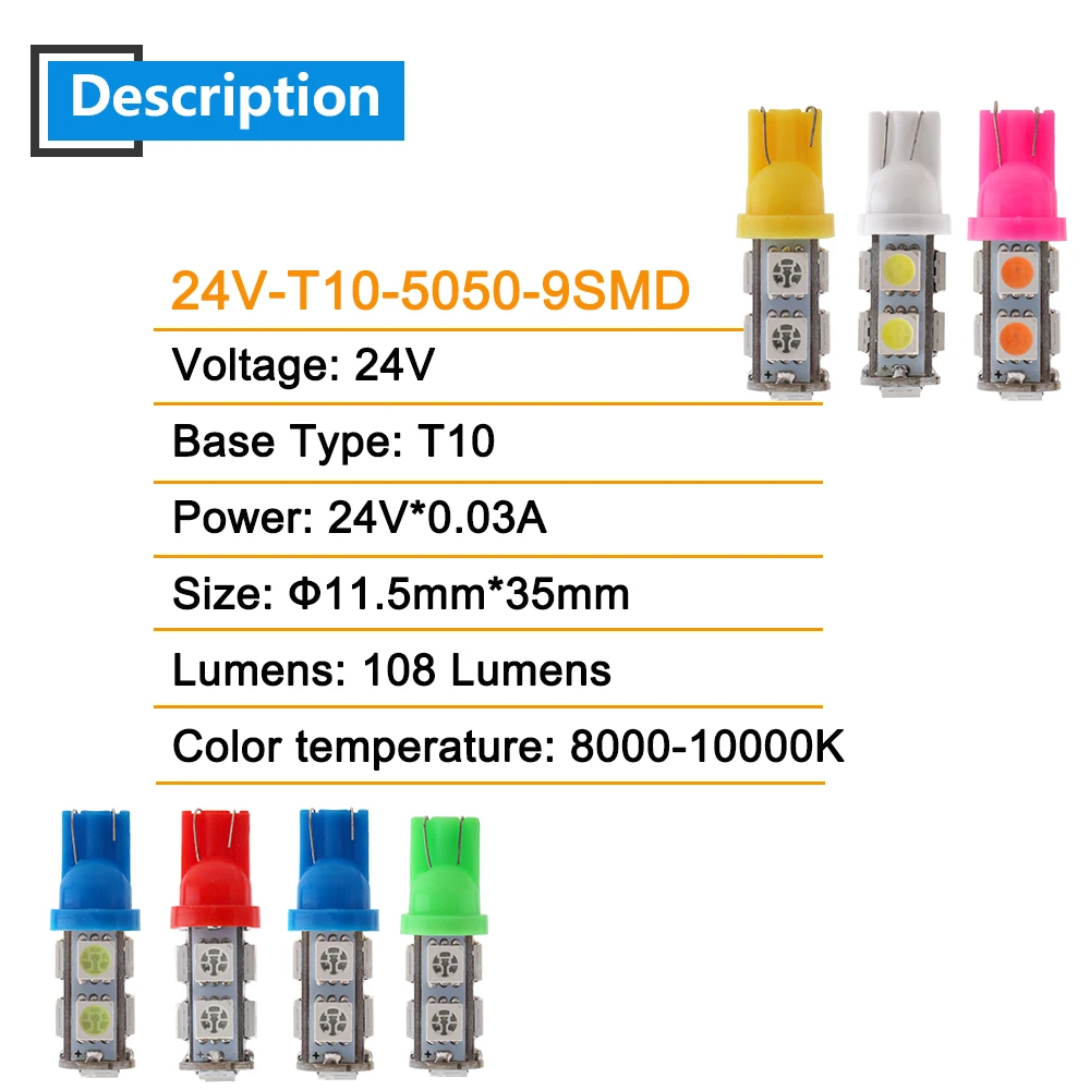 100 шт. светодиодные лампы 24 В DC W5W 194 T10 5050 9 SMD | Автомобили и мотоциклы