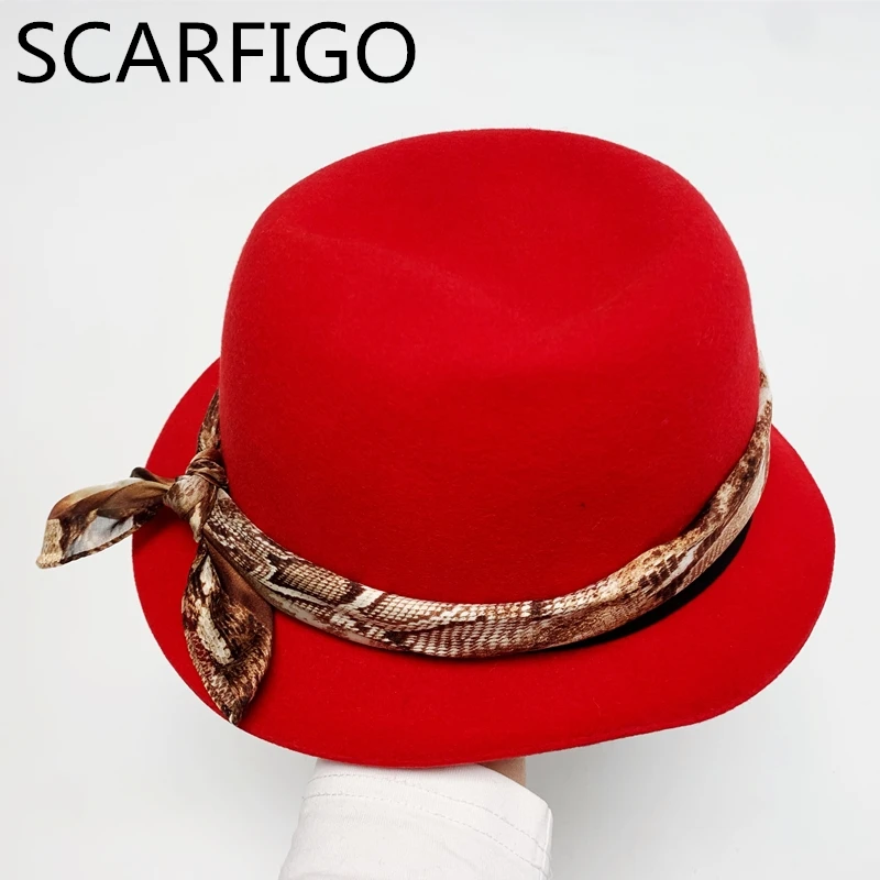 

SCARFIGO 2021 New Fashion Women British Fedora Wool Felt Hat Vintage Wide Hat with Belt Buckle Adjustable