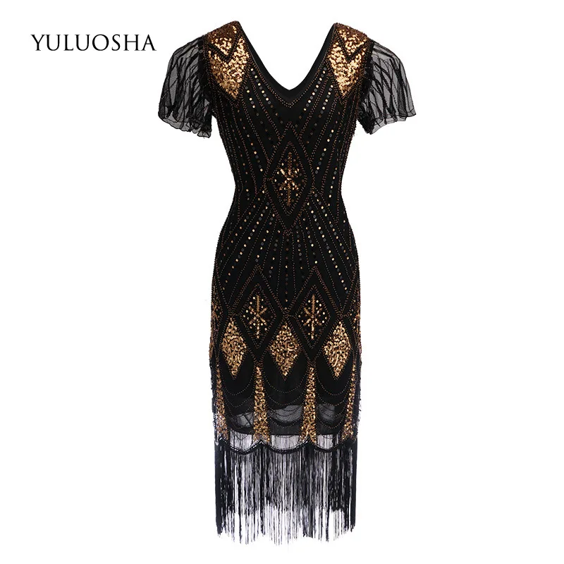 

YULUOSHA Prom Dress Beading Sequined Tassel V-Neck A-Line Dresses Woman Party Night Vestidos De Fiesta Largos Elegantes De Gala