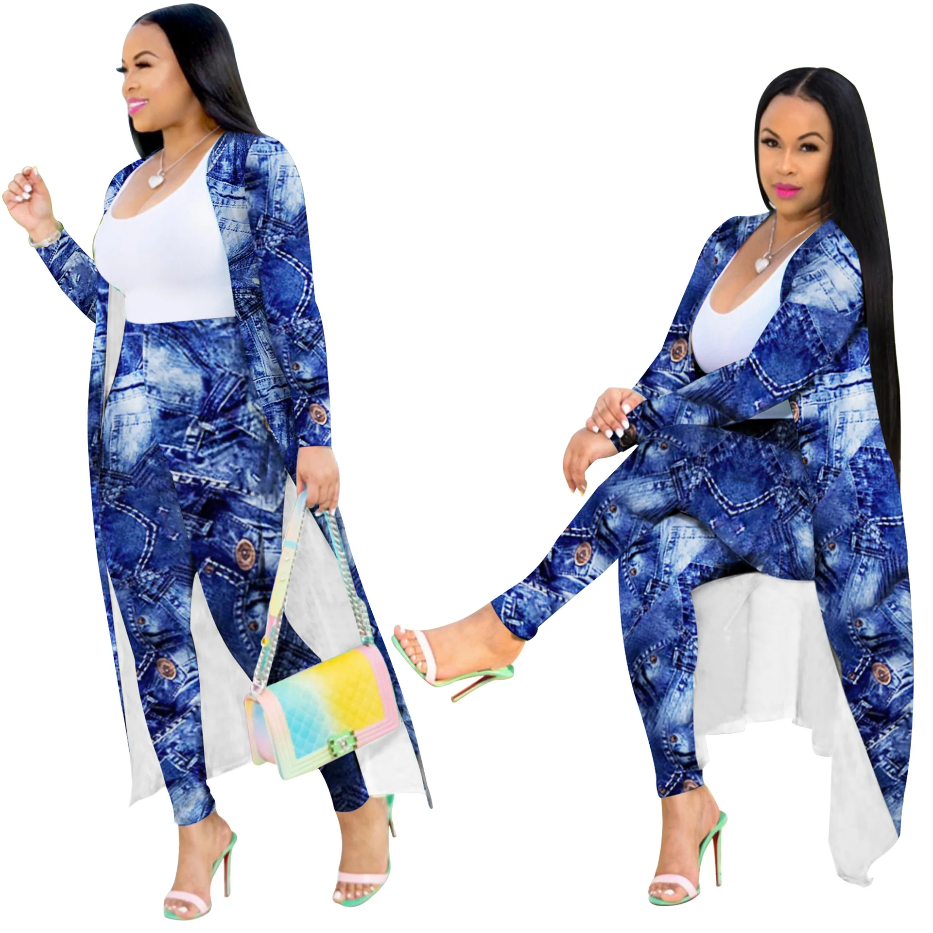 

European and American New Style Sexy Printed Cardigan Jacket Long-Sleeved Trousers Two-Piece Suit