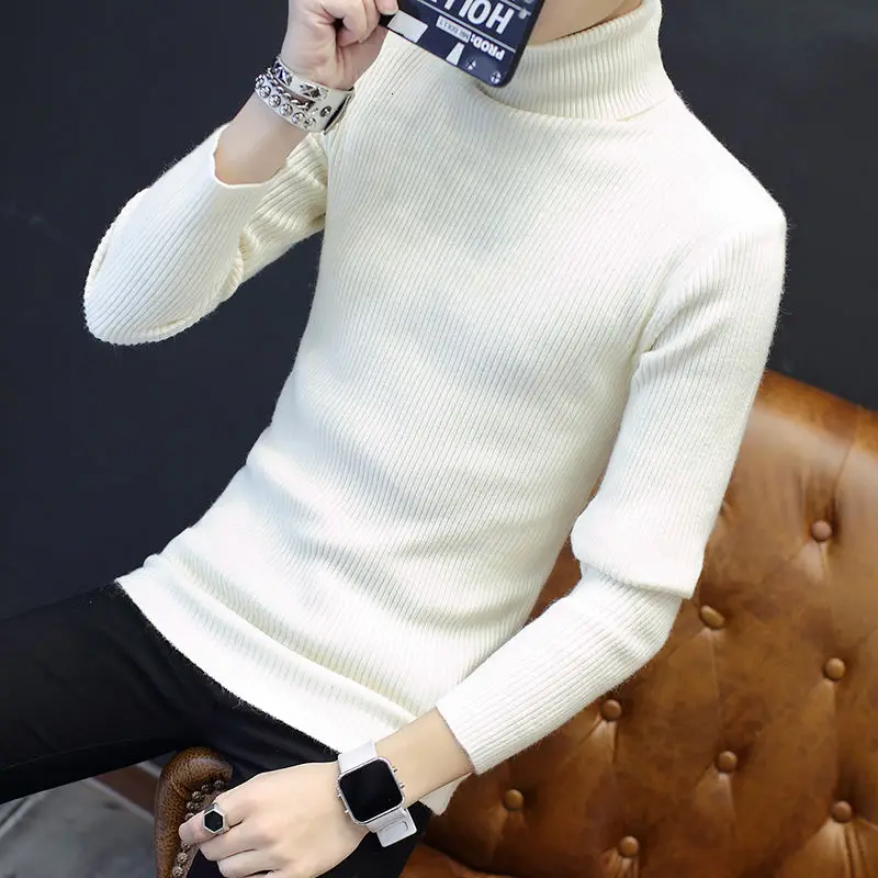 Мужская однотонная водолазка Классический облегающий свитер вязаный эластичный