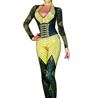pattern printing plaid rhinestones tights jumpsuit women personality performance costume ladies nightclub dance show wear