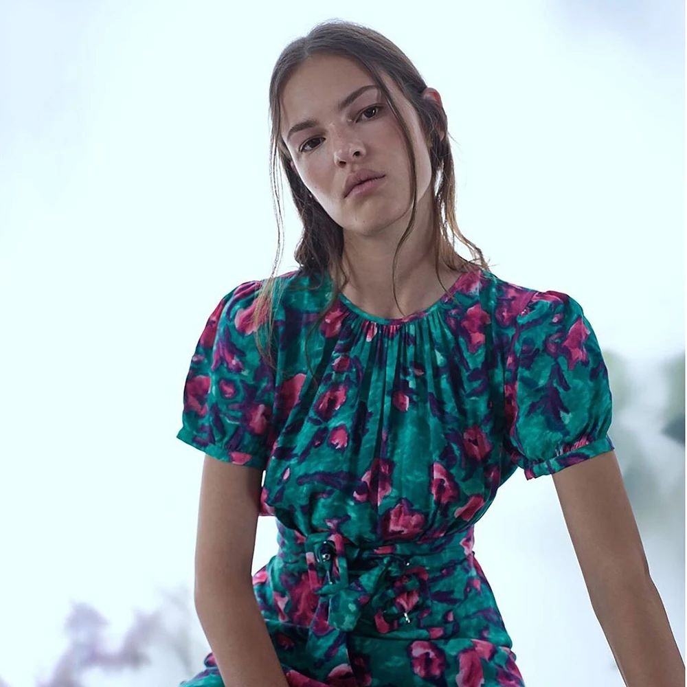 2019 ZA женское платье с принтом круглым воротником и разрезом сбоку коротким