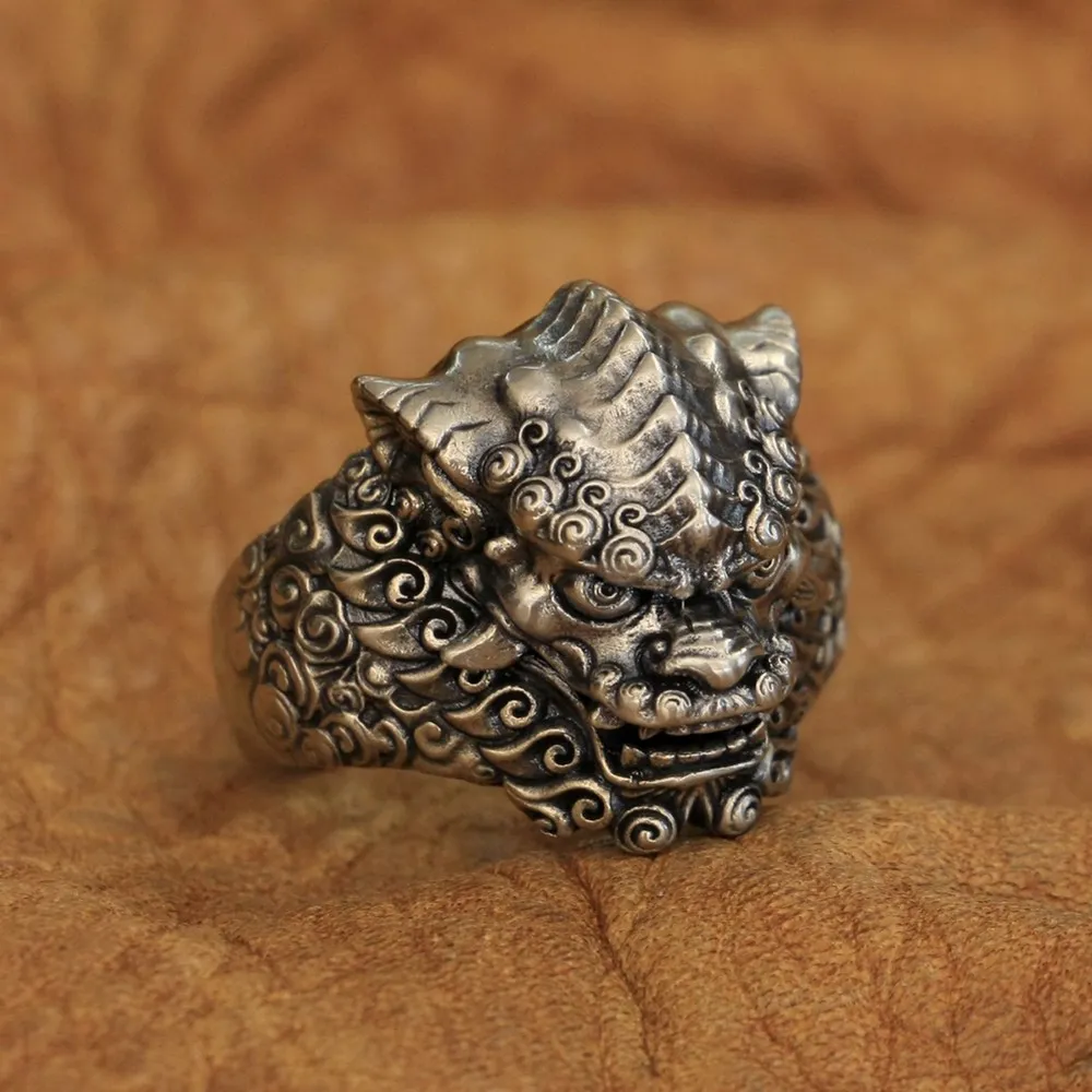 

LINSION Cupronickel Chinese Style Lion Ring Mens Biker Punk Jewelry CP210 US Size 7~15