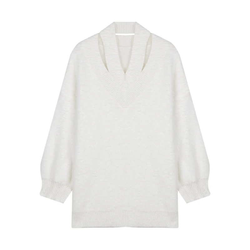 

Strap Knitting Women Sweater Pullovers Solid White Lantern Sleeved Loose Lady Elegant Pulls Outwear Tops