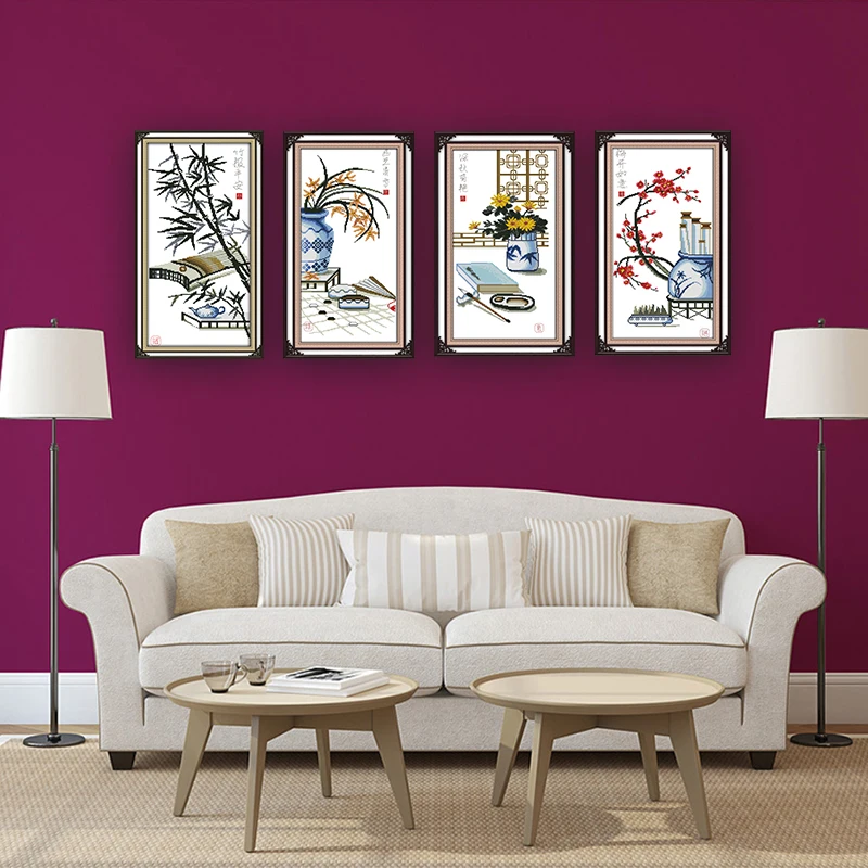 GG Lyre-playing&ampChess&ampCalligraphy&ampPainting Chinese Cross Stitch Embroidery Kit Joy Sunday Printed for Home Decor | Дом и сад