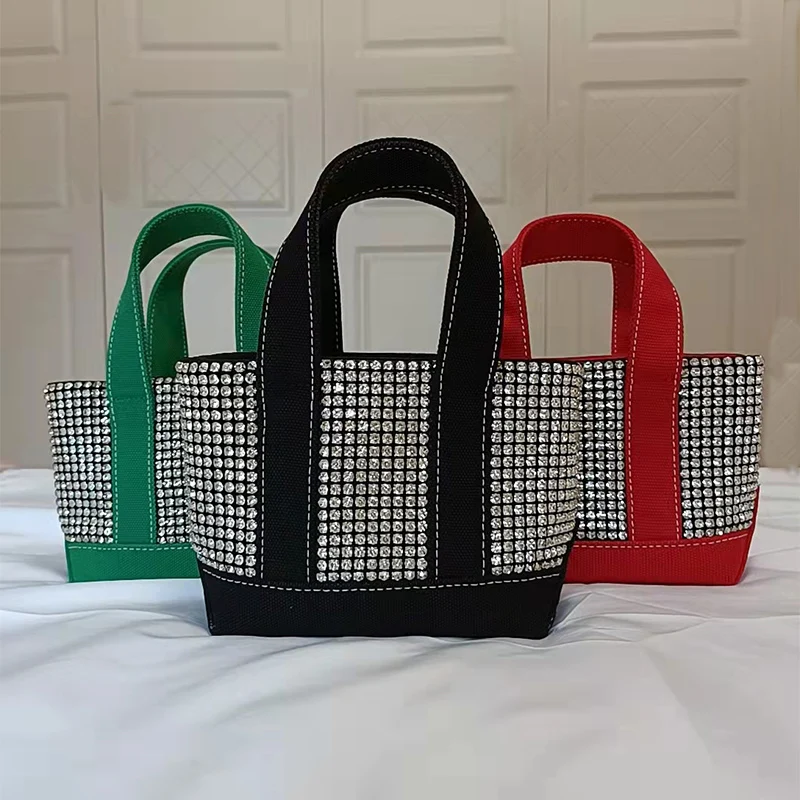 

2021 New Rhinestone Diamond Basket Handbag Ladies Canvas Tote Bag Shoulder Crossbody Bag Women Clutch Hand Carried Messenger Bag