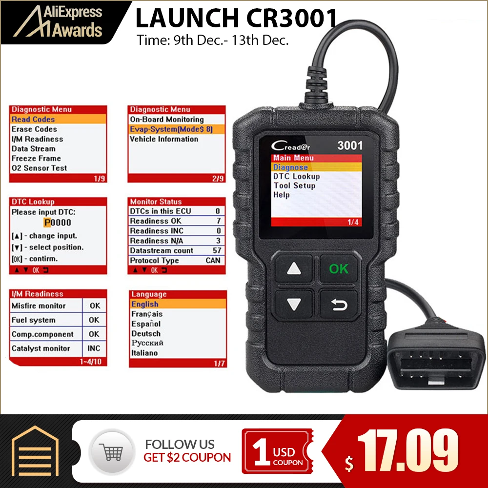 LAUNCH X431 CR3001 полный OBD2 сканер CReader 3001 автоматический диагностический инструмент PK AD310 ELM327 считыватель кодов инструмент сканирования автомобиля