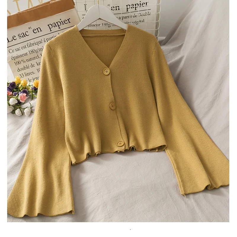 

Women Cropped Cardigans Solid Colors Buttons Front V Neck Flare Sleeve Chic Casual Spring Autumn Short Cardigan fashionable new