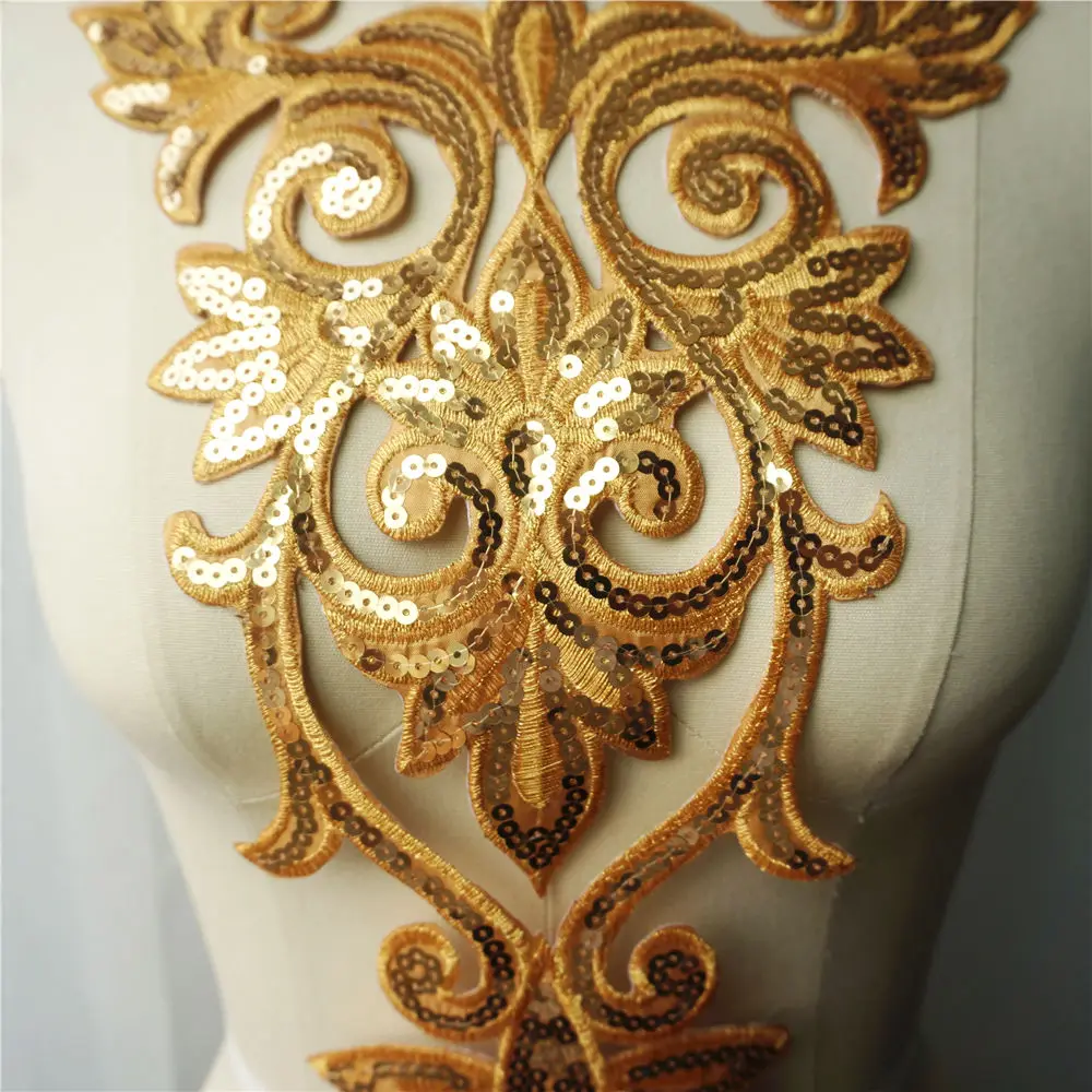 Золотые блестки сова вышитая ткань обшивки свадебное платье аппликация Воротник