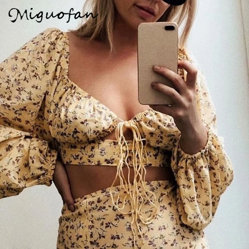 Женская блузка в стиле бохо Miguofan короткая с цветочным принтом и длинным рукавом