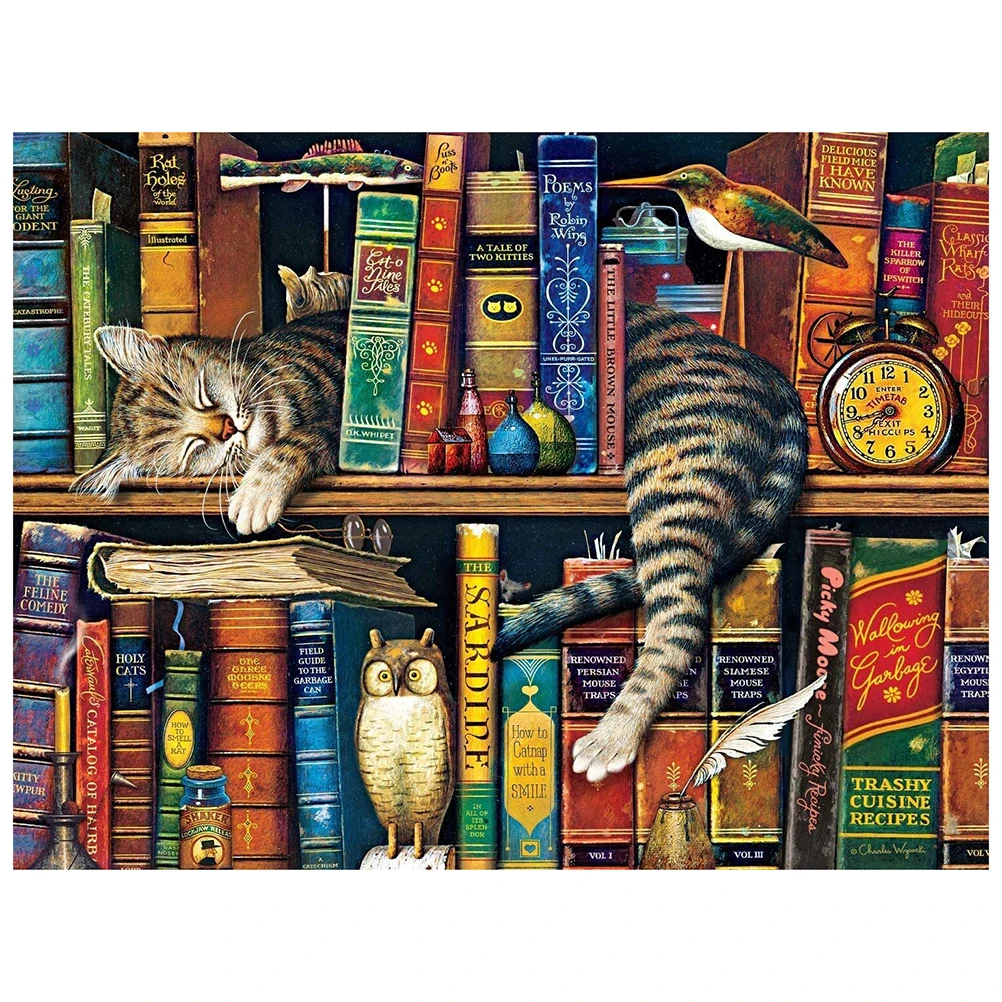 

Lazy Cat Puzzle 1000 Pieces Jigsaws Puzzles Bookshelf Cat Landscape Puzzles DIY Assembling Toy For Adults Kids Puzzles games