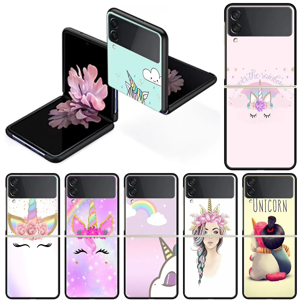 Unicorn Cute Girl Case for Samsung Galaxy Z Flip Flip3 5G Black Hard Plastic Phone Coque 6.7 Inches Split Folding Covers Luxury