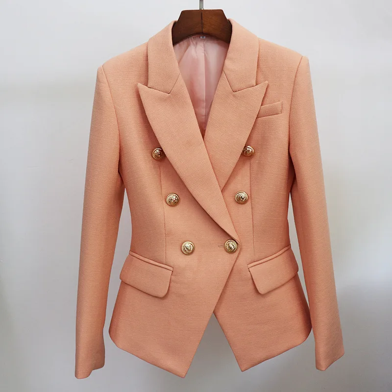 

Women's Suit Fashion Double Breasted Lion Head Button Slim Pockmarked Suit Small Coat Nude Powder